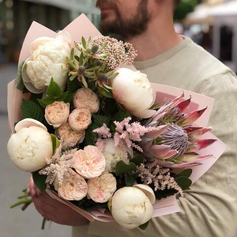 Pastel bouquet with luxurious peonies «Walk in Nice», Flowers: Peony Spray Rose, Paeonia, Leucadendron, Rubus Idaeus, Protea, Astilbe