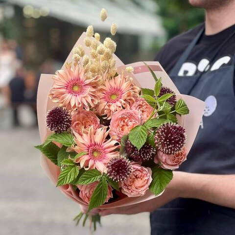 Peachy bouquet with gerberas «Caramel Summer», Flowers: Gerbera, Peony Spray Rose, Allium, Rubus Idaeus, Phalaris