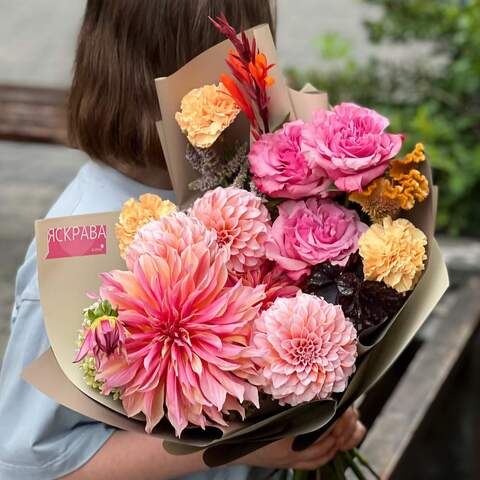 Bouquet «Summer, bright», Flowers: Dahlia, Pion-shaped rose, Dianthus, Celosia