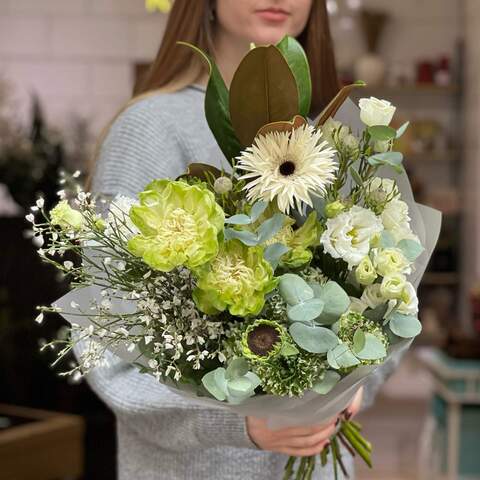 White and green bouquet with interesting roses and ranunculi and delicate eustoma «Green waves», Flowers: Rose, Gerbera, Brunia, Ranunculus, Eustoma, Eucalyptus, Magnolia, Helianthus, Genista