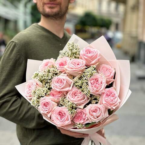 Photo of 15 peony roses and chamelaucium in a bouquet «Fragrant beauty»