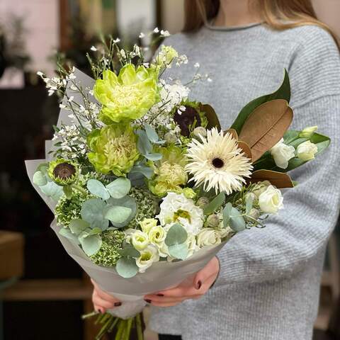 Photo of White and green bouquet with interesting roses and ranunculi and delicate eustoma «Green waves»