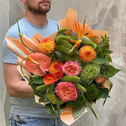 Bouquet «Orange Kingdom», Flowers: Peony rose, Dahlia, Setaria, Zantedeschia, Anthurium, Rubus Idaeus, Dianthus Barbatus