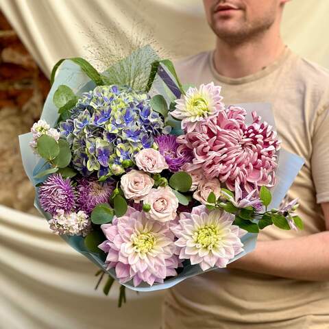 Delicate bouquet with chrysanthemum and hydrangea «Cosmic Natalie», Flowers: Panicum, Bush Rose, Aster, Hydrangea, Eucalyptus, Matthiola, Dahlia