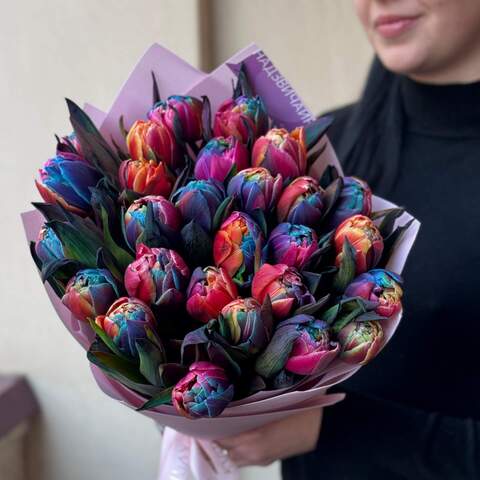 Multi-colored peony shaped tulips of the Rainbow variety in a bouquet «Spring Painted Glass», Flowers: Vip Roses Tulipa, 27 pcs.