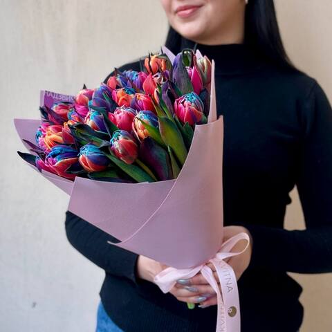 Photo of Multi-colored peony shaped tulips of the Rainbow variety in a bouquet «Spring Painted Glass»