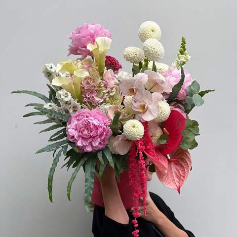 Box with flowers «Girlish whims», Flowers: Paeonia, Phalaenopsis, Hydrangea, Protea, Zantedeschia, Delphinium, Dahlia, Amaranthus, Antirinum, Celosia, Eucalyptus