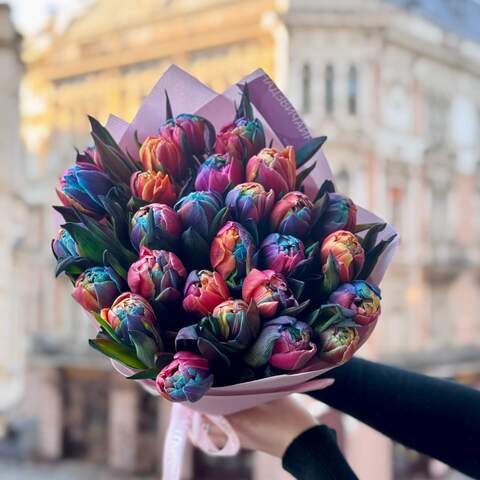 Photo of Multi-colored peony shaped tulips of the Rainbow variety in a bouquet «Spring Painted Glass»