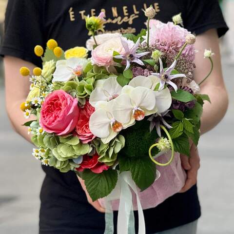 Composition with ranunculi and peony roses «Raphael's Garden», Flowers: Dahlia, Ranunculus, Pion-shaped rose, Craspedia, Phalaenopsis, Hydrangea, Bush Rose, Tanacetum, Clematis