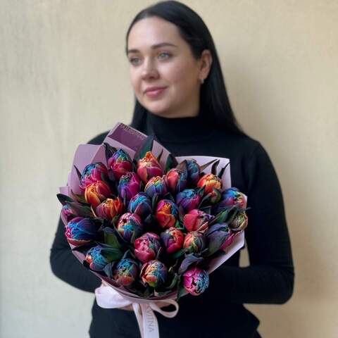 Photo of Multi-colored peony shaped tulips of the Rainbow variety in a bouquet «Spring Painted Glass»