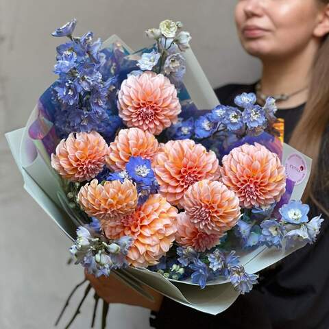 Bouquet of Peaches N' Cream dahlias and blue delphinium «Peach Symphony», Flowers: Delphinium, Dahlia of Peaches N’ Cream variety