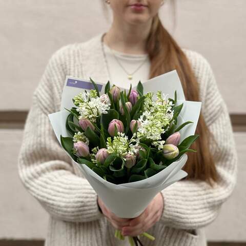 Photo of Katinka peony shaped tulips and lilac in a bouquet «Fragrant Miracle»