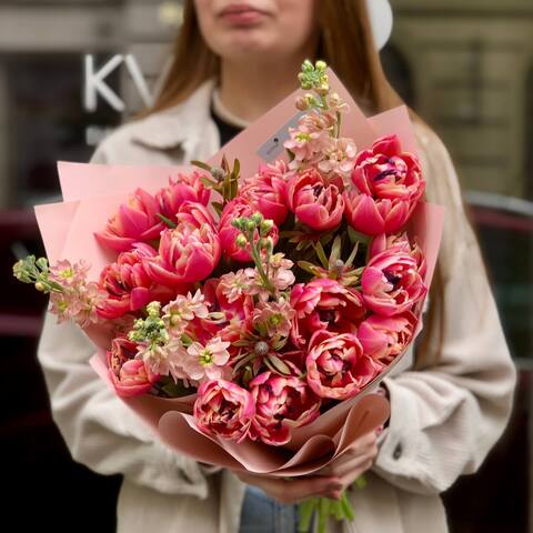 Pink bouquet of peony-shaped tulips and matthiola «Spring chord», Flowers: Leucadendron, Matthiola, Tulipa