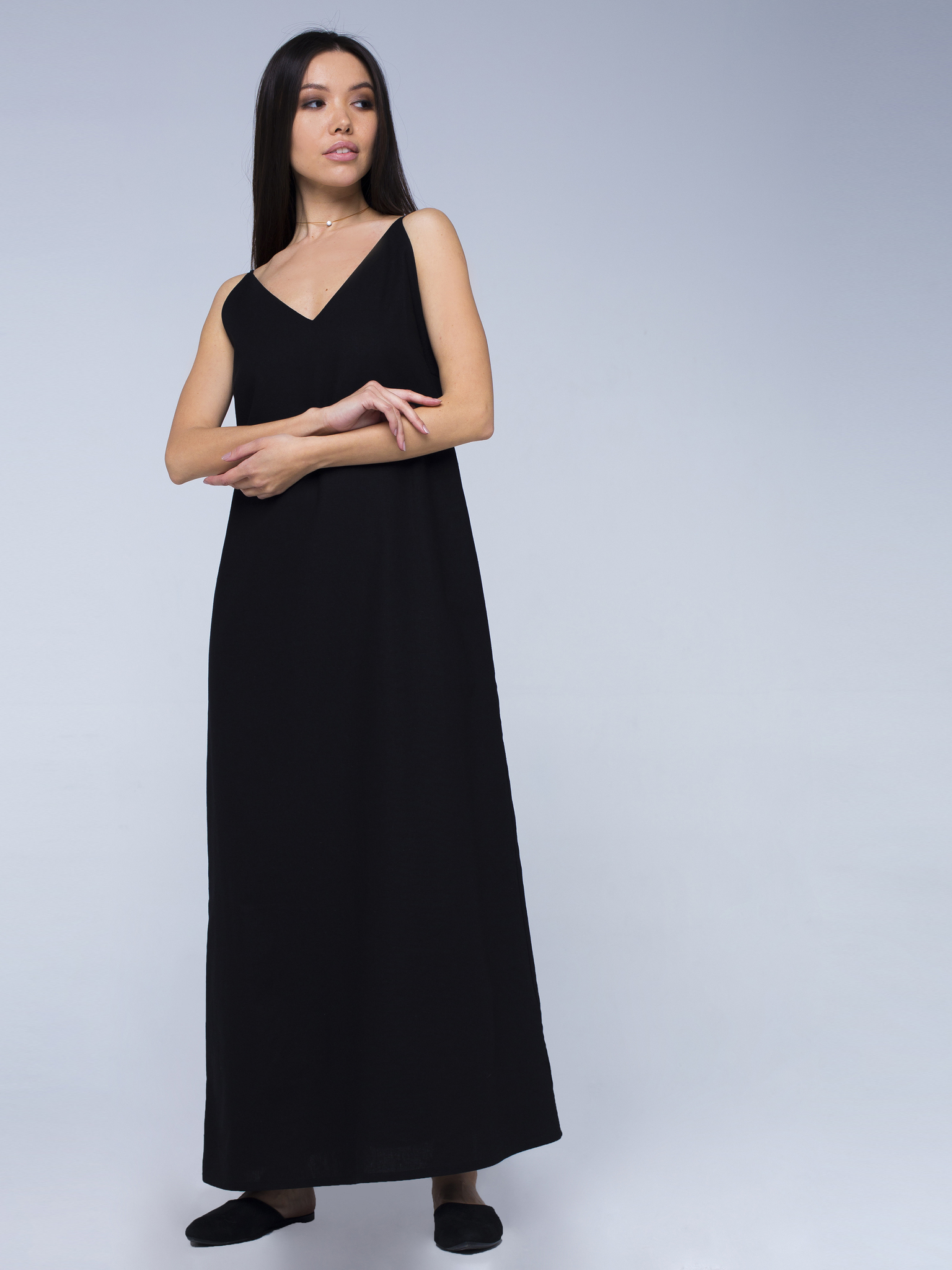 Платье черное льняное с открытой спинкой макси 