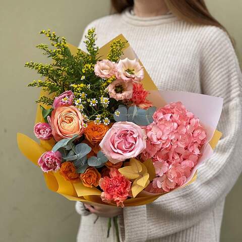 Bouquet «Colorful greeting», Flowers: Hydrangea, Pion-shaped rose, Bush Rose, Solidago, Tanacetum, Dianthus, Tulipa, Eucalyptus, Eustoma