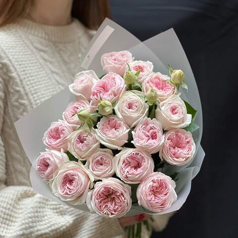 19 пионовидных роз в букете «Рассвет», Цветы: Роза пионовидная