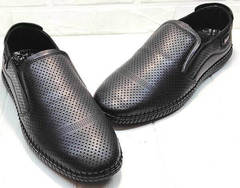Обувь с перфорацией. Модные мокасины слипоны кожаные мужские city casual Ridge Z-291-80 All Black.