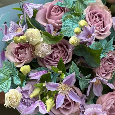 Photo of Lilac bouquet of roses and clematis «Amethyst Shimmer»