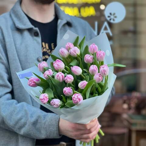 Photo of 21 soft pink peony tulips in a bouquet «Sweet candy»