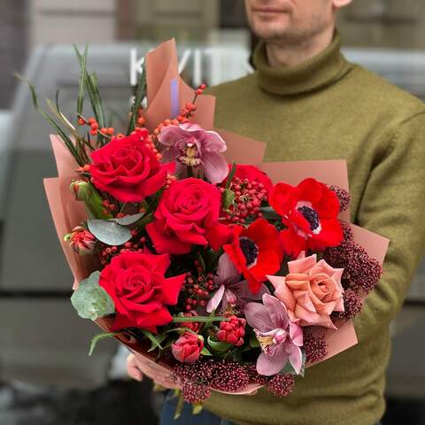Luscious bouquet of red anemones and lacy skimmia with the addition of roses «Red handsome», Flowers: Anemone, Skimmia, Rose, Cymbidium, Tulipa, Eucalyptus, Grevillea