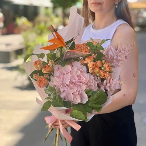 Bright bouquet with hydrangea «Exotic Tenderness», Flowers: Strelitzia, Astilbe, Peony Spray Rose, Hydrangea