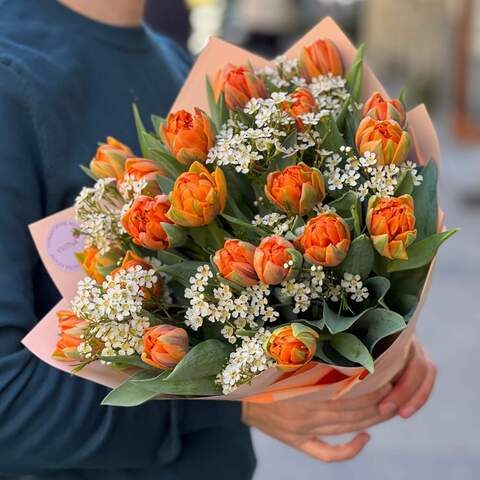 Bright bouquet with peony shaped tulips «Blooming Lights», Flowers: Chamelaucium, Tulip pion-shaped