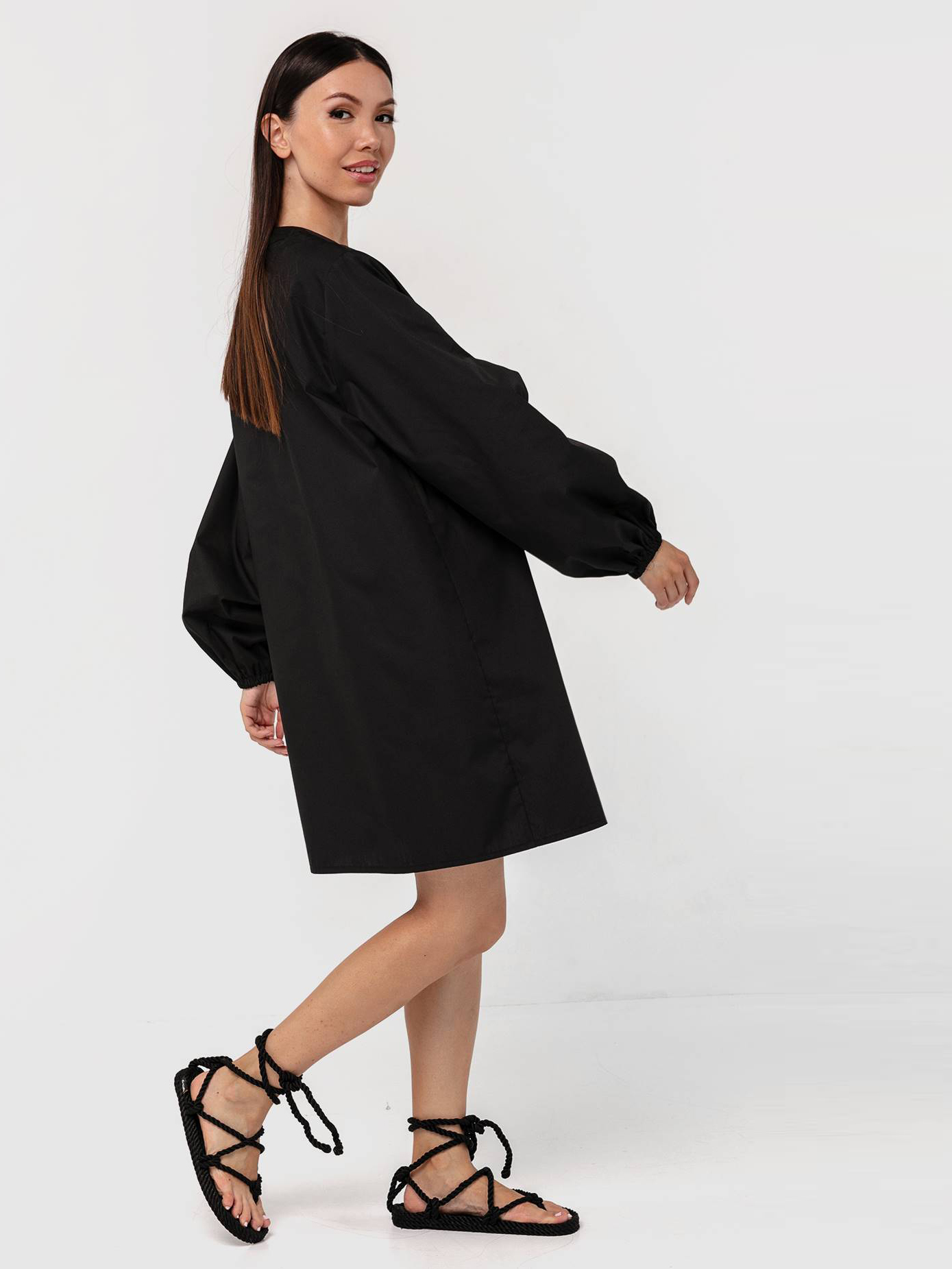 Платье-рубашка хлопковое с объемными рукавами черное YOS от украинского бренда Your Own Style