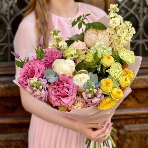 Colorful bouquet with peony-shaped roses «Watercolor Dawn», Flowers: Eustoma, Antirinum, Pion-shaped rose, Matthiola, Paeonia, Rubus Idaeus, Dianthus, Eucalyptus, Peony Spray Rose, Clematis, Viburnum