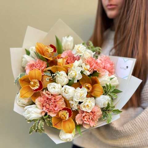 Bouquet «Darling», Flowers: Tulipa, Narcissus, Dianthus, Cymbidium, Pittosporum