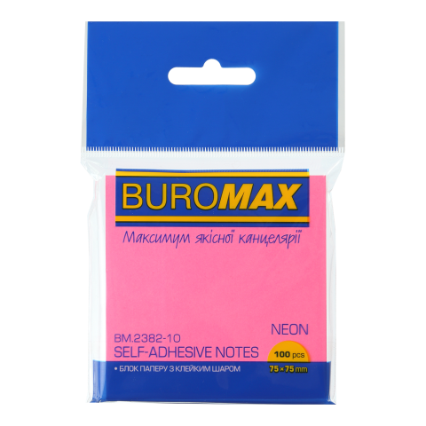 Блок паперу з клейким шаром для нотаток BUROMAX NEON, 75х75 мм (100 арк.) рожевий (BM.2382-10)