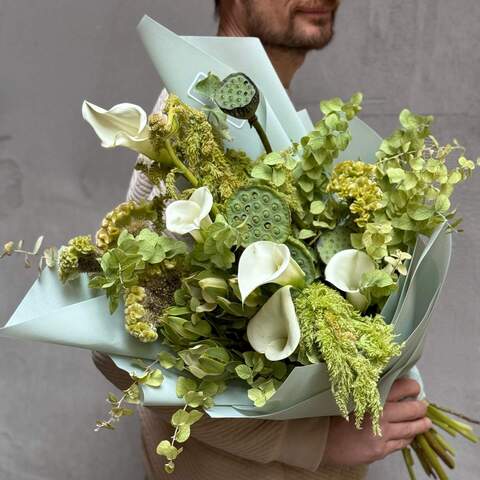 Stylish exotic bouquet «Tourmaline Bird», Flowers: Amaranthus, Nelumbo, Celosia, Leucadendron, Zantedeschia, Eucalyptus