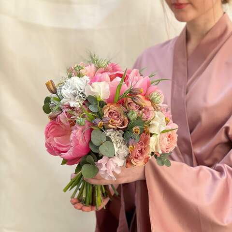 Wedding bouquet «Happy song», Flowers: Paeonia, Rose, Lathyrus, Nigella, Eucalyptus, Dianthus, Fritillaria