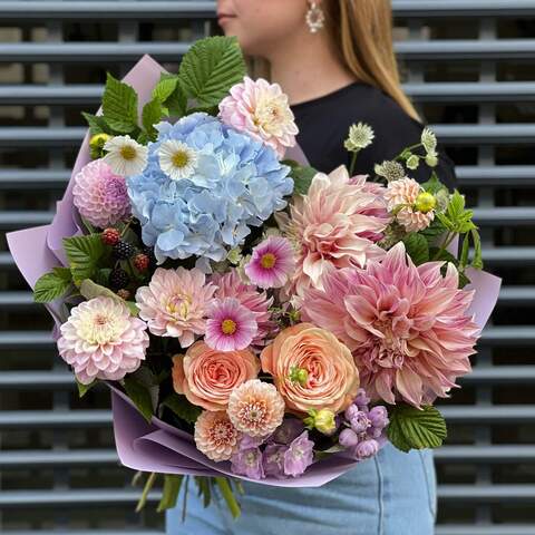 Bouquet «Summer breath», Flowers: Hydrangea, Rose, Delphinium, Rubus, Cosmos, Dahlia, Astrantia