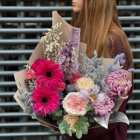 Bouquet «Catherine», Flowers: Gerbera, Ruscus, Chrysanthemum, Pion-shaped rose, Delphinium, Dianthus, Skimmia, Solidago, Eucalyptus