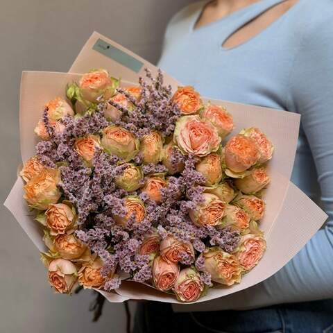 Spray peony roses in a bouquet «Gentle Hugs», Flowers: Peony Spray Rose, Limonium