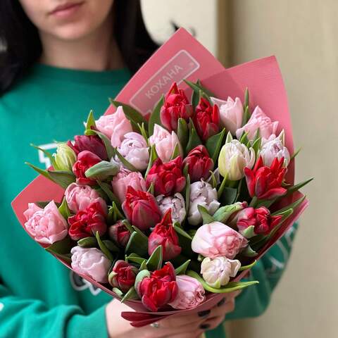 Букет з піоновидних кольорових тюльпанів «Найкраща моя», Квіти: Тюльпан піоновидний, 31 шт.
