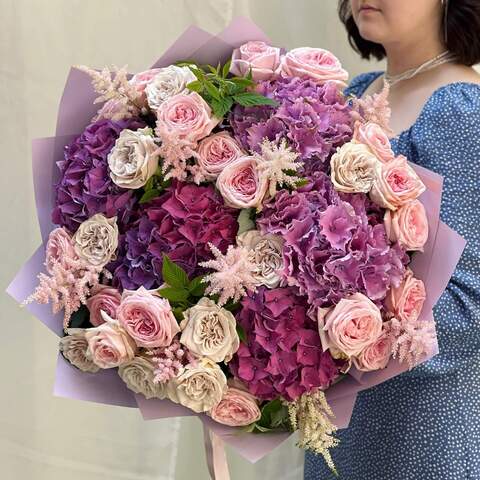 Bouquet «Shades of Lavender», Flowers: Pion-shaped rose, Hydrangea, Astilbe, Raspberry twigs