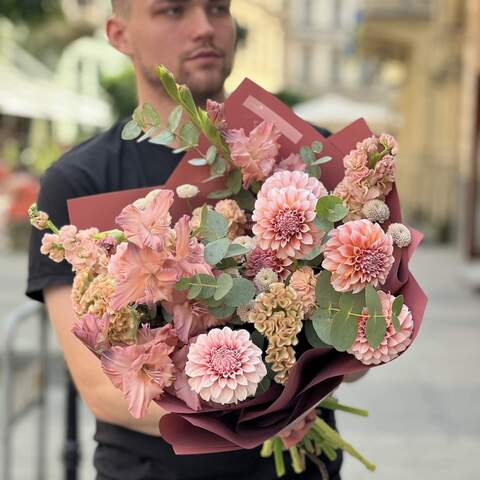 Bouquet «Tenderness for Christina», Flowers: Dahlia, Gladiolus, Matthiola, Celosia, Chrysanthemum, Eucalyptus
