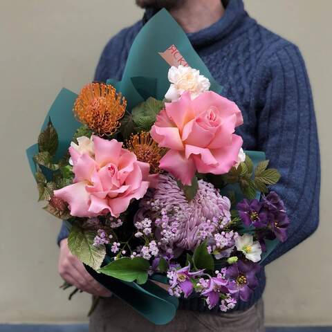 Bouquet «Thinking of You», Flowers: Rose, Leucospermum, Clematis, Chamelaucium, Eustoma