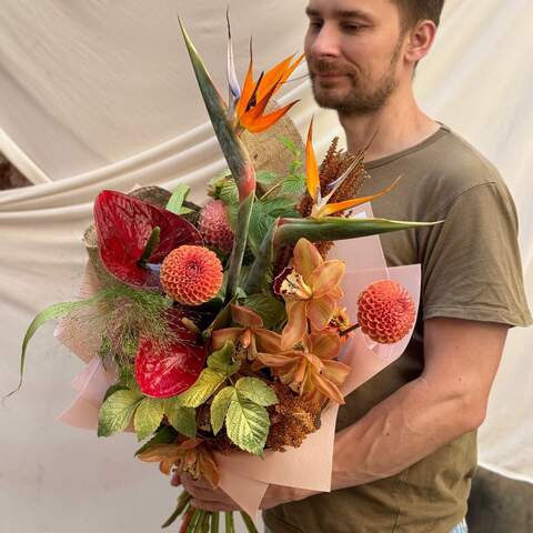 Exotic bouquet with cymbidium «Golden Marichka», Flowers: Strelitzia, Amaranthus Dark, Cymbidium, Rubus Idaeus, Dahlia, Anthurium