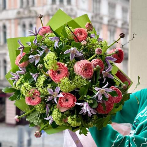 Photo of Colorful bouquet with ranunculi and clematis «Spring miracle»
