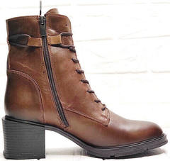 Термо ботинки осенние женские ботильоны на каблуке со шнуровкой G.U.E.R.O 108636 Dark Brown.