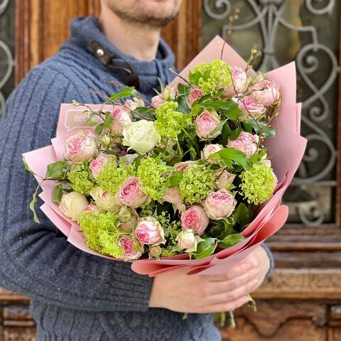 Spring bouquet with viburnum and spray peony roses «Morning dew», Flowers: Peony Spray Rose, Viburnum, Prunus, Pittosporum

