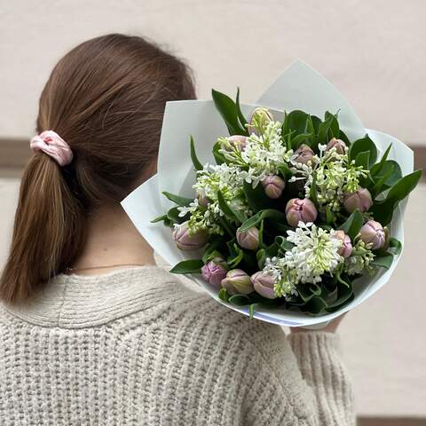 Photo of Katinka peony shaped tulips and lilac in a bouquet «Fragrant Miracle»