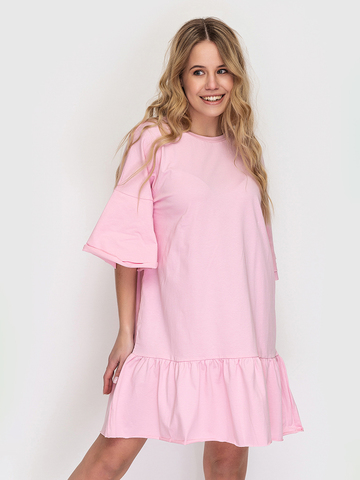 Сукня-футболка бавовняна рожева з воланами 
