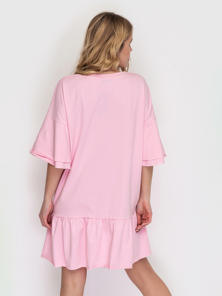 Сукня-футболка бавовняна рожева з воланами 