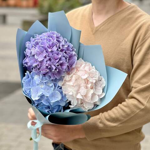 3 hydrangeas in a bouquet «Azure shimmering», Flowers: Hydrangea