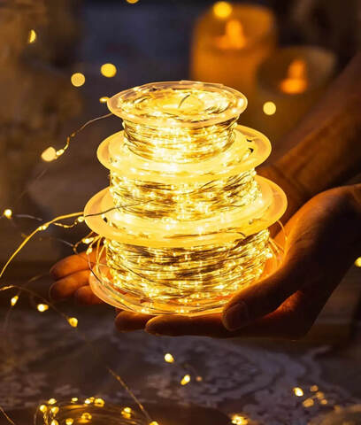 Гирлянда Роса мишура «Веточка из капель росы» 30 м -1000Led, прозрачная проволока, 8 режимов, от USB и сети. Теплый Белый с Flash