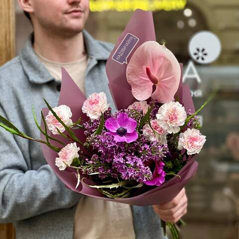 Fragrant bouquet with lilacs, anemones and anthuriums «Spring accent», Flowers: Syringa, Anemone, Dianthus, Anthurium, Grevillea