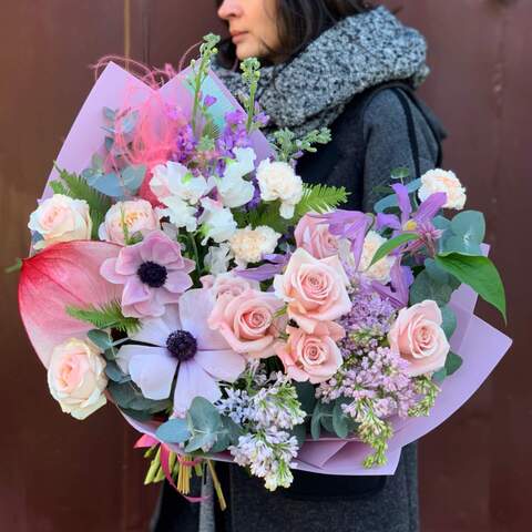 Bouquet «Love is in the Air», Flowers: Anthurium, Anemone, Rose, Clematis, Syringa, Matthiola, Stipa, Eucalyptus, Ambrella, Dianthus